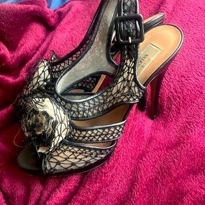 Valentino Lovely Lace Leather Rose Slingback Pump